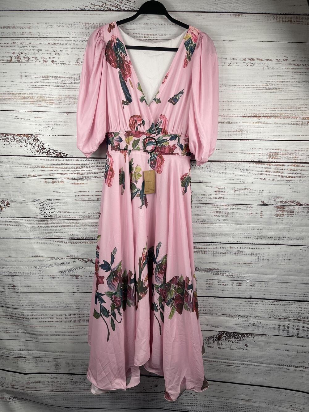 SooLinen Dress Women's Size Medium Pink Floral Maxi Puff Sleeve Belted V Neck